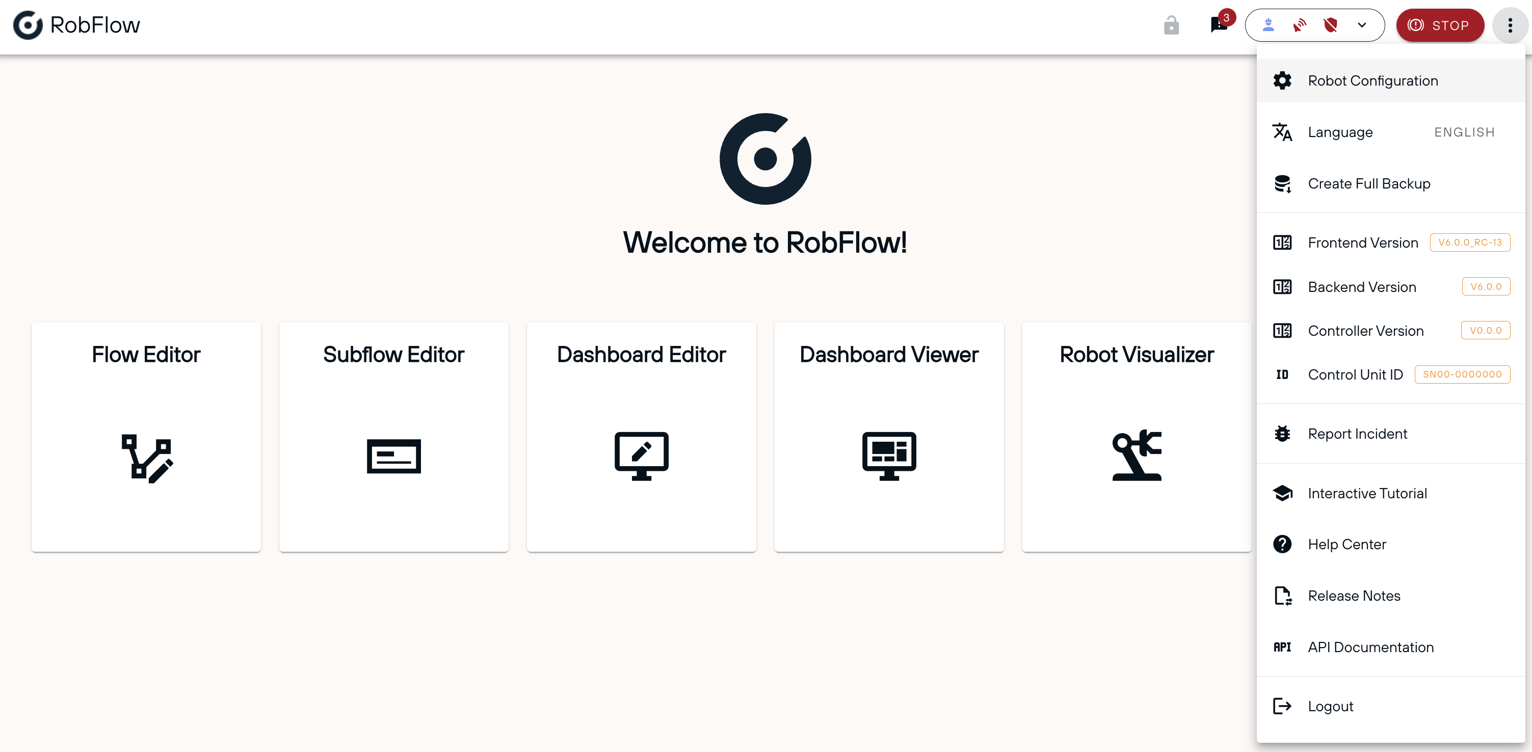 Opening the settings pane to edit the Robot Configuration