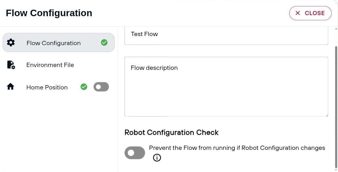 The Flow Configuration tab: Flow Name, Flow description and the Robot Configuration Check switch