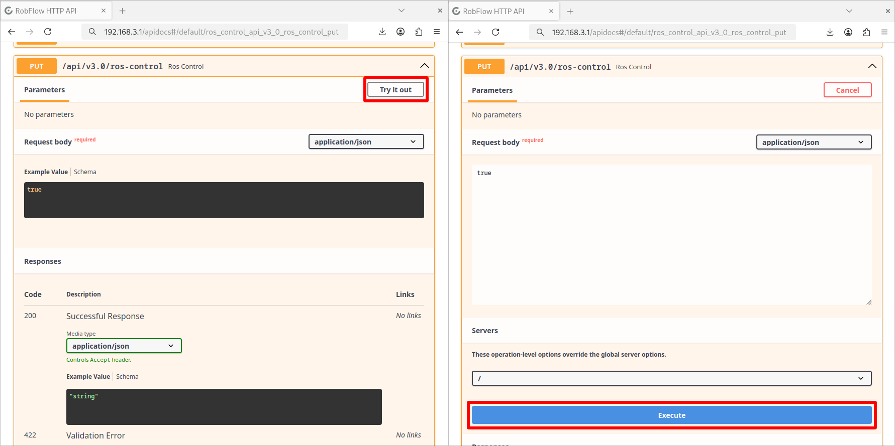 Sending the ros-control request from the RobFlow API Docs page