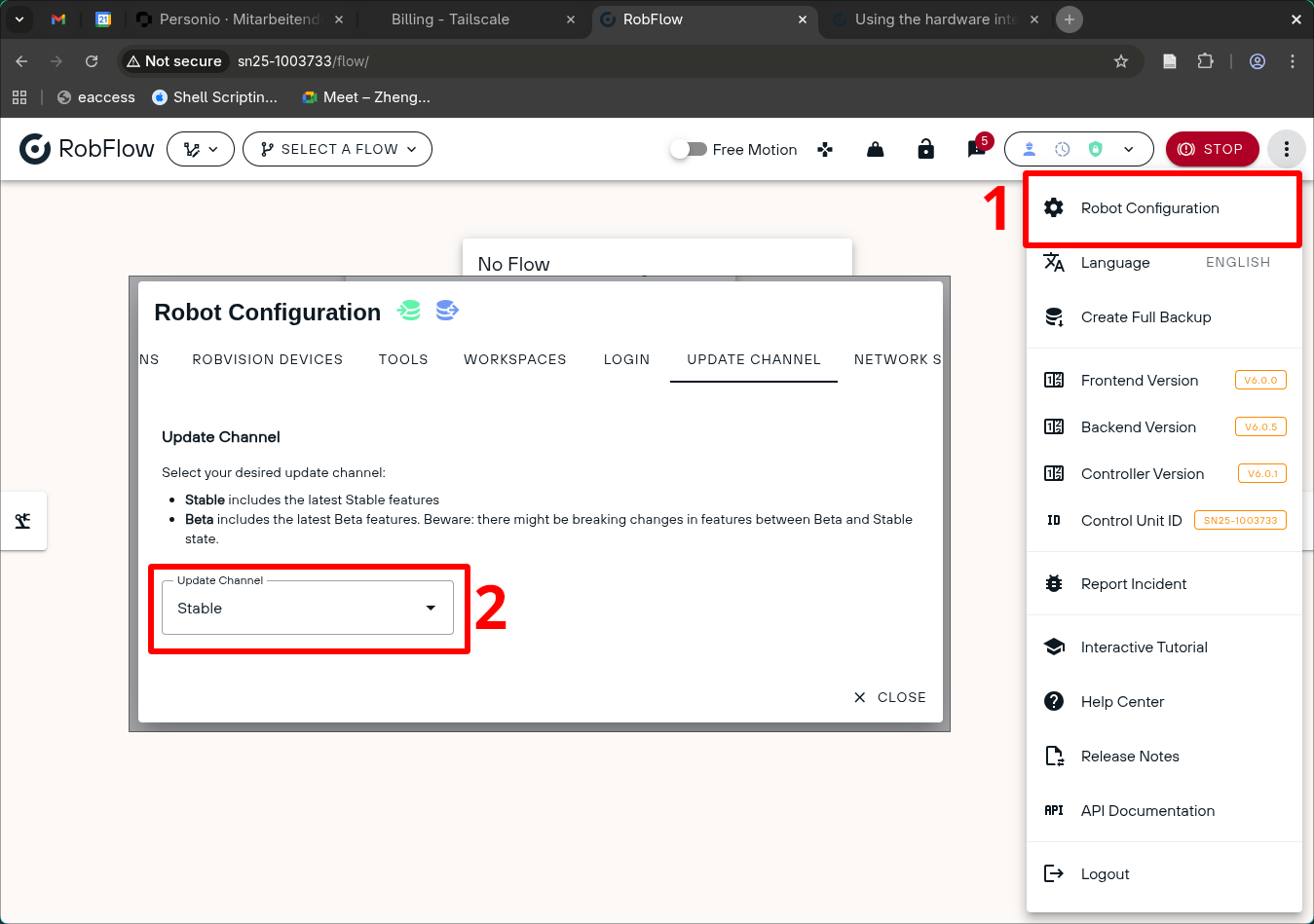 Enabling the beta update channel in RobFlow