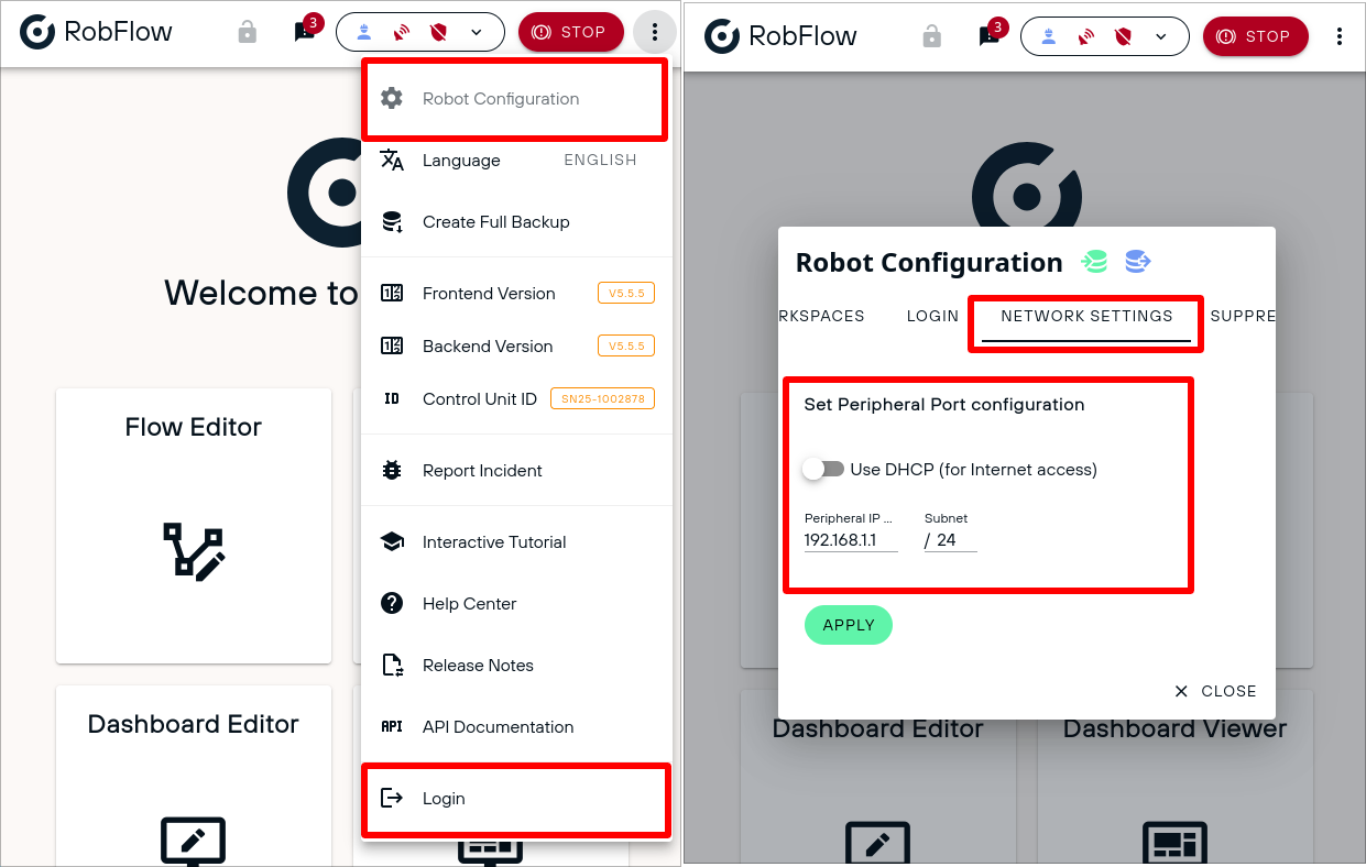 The network settings in the RobFlow Robot Configuration