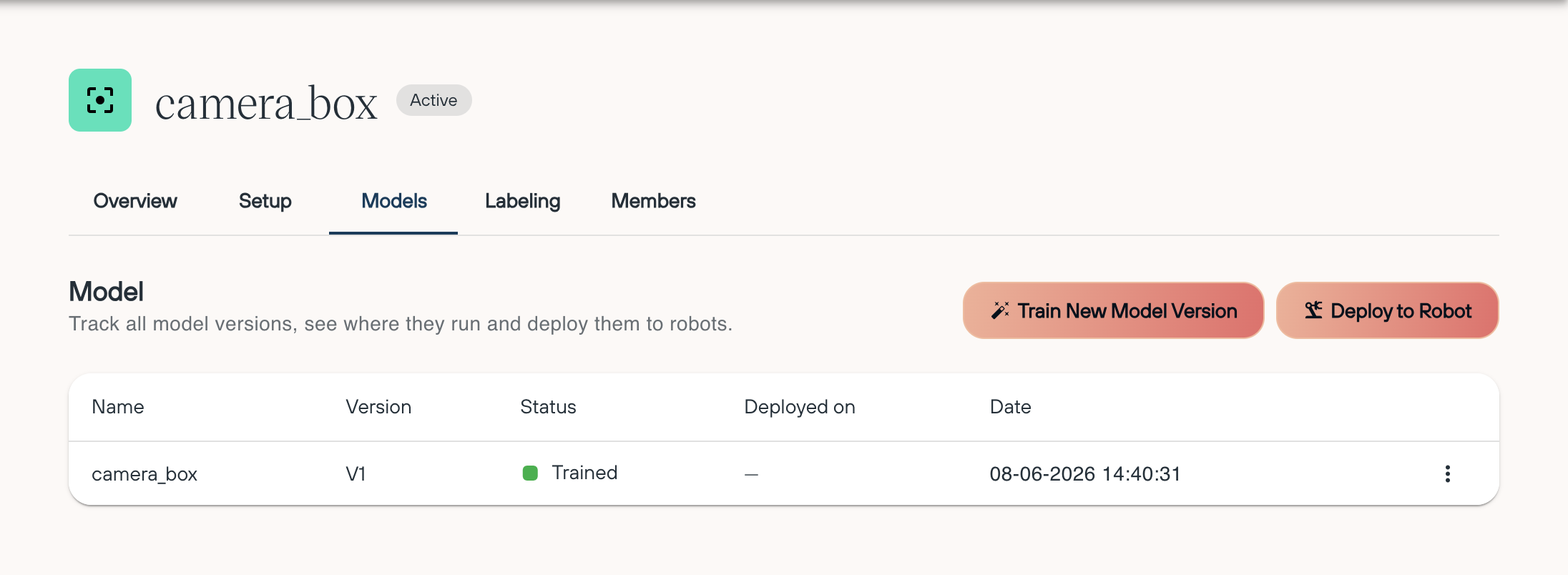 The Models tab with a trained model version